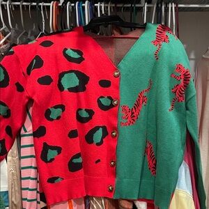 SHEIN Red and Green Animal Print Button-Front Cardigan